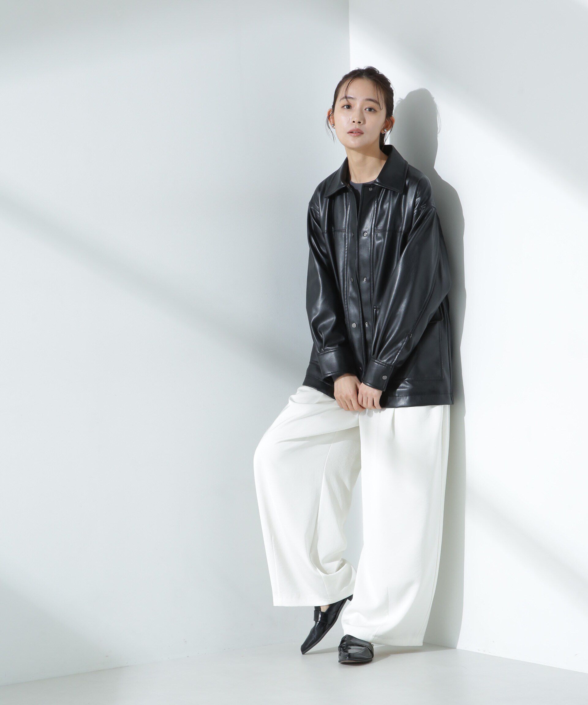 nano･universe「フェイクレザーシャツジャケット」|ブルゾン・スタジャン|