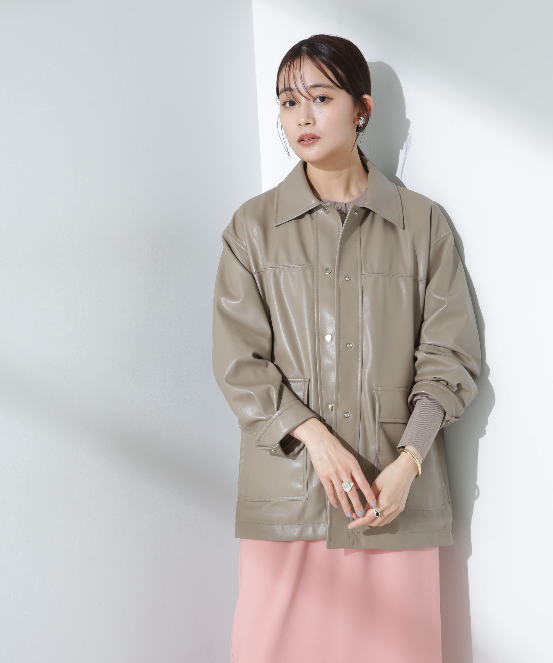 nano･universe「フェイクレザーシャツジャケット」|ブルゾン・スタジャン|