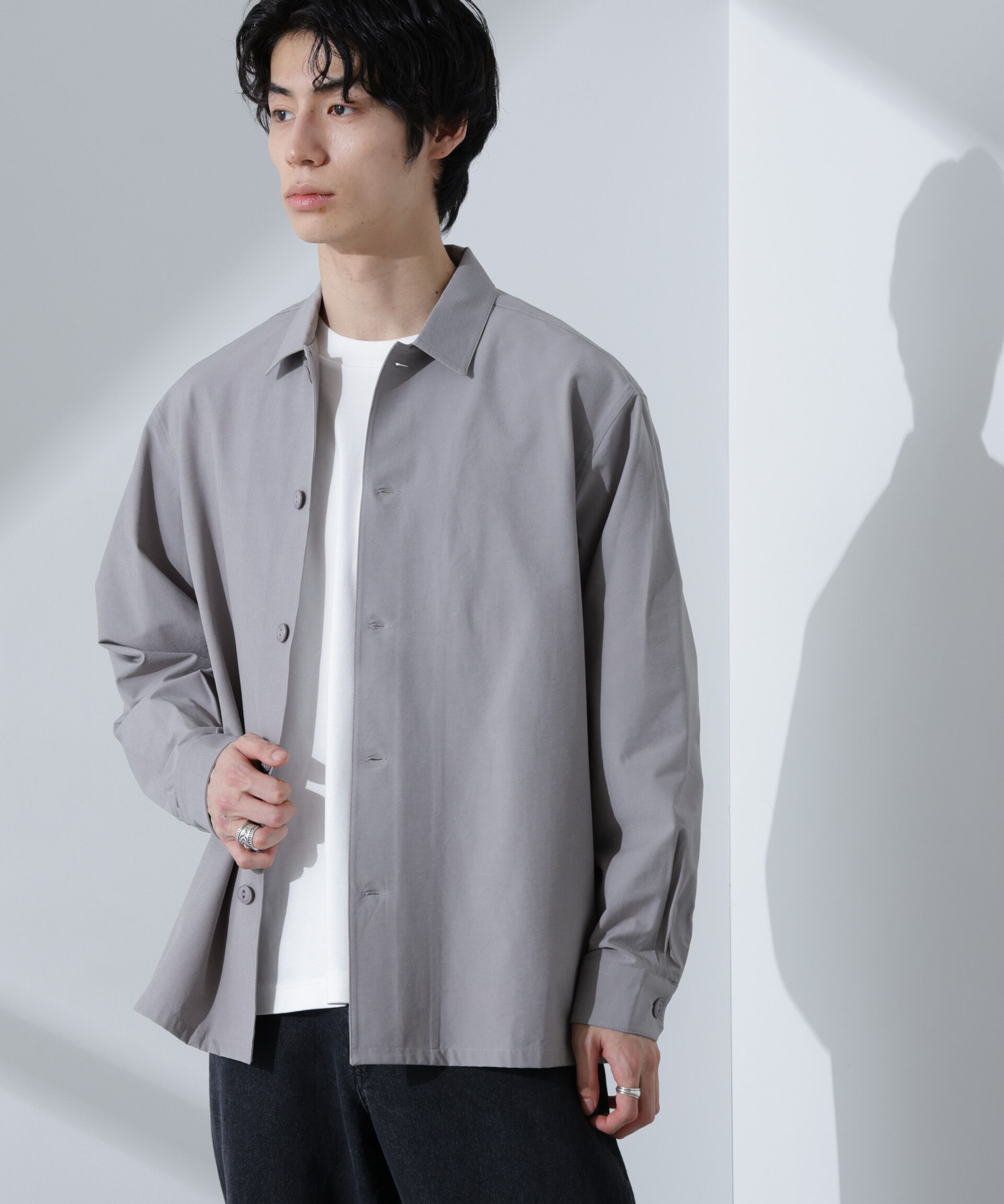 nano･universe「ストレッチワイドシャツブルゾン(セットアップ可)」|ブルゾン・スタジャン|