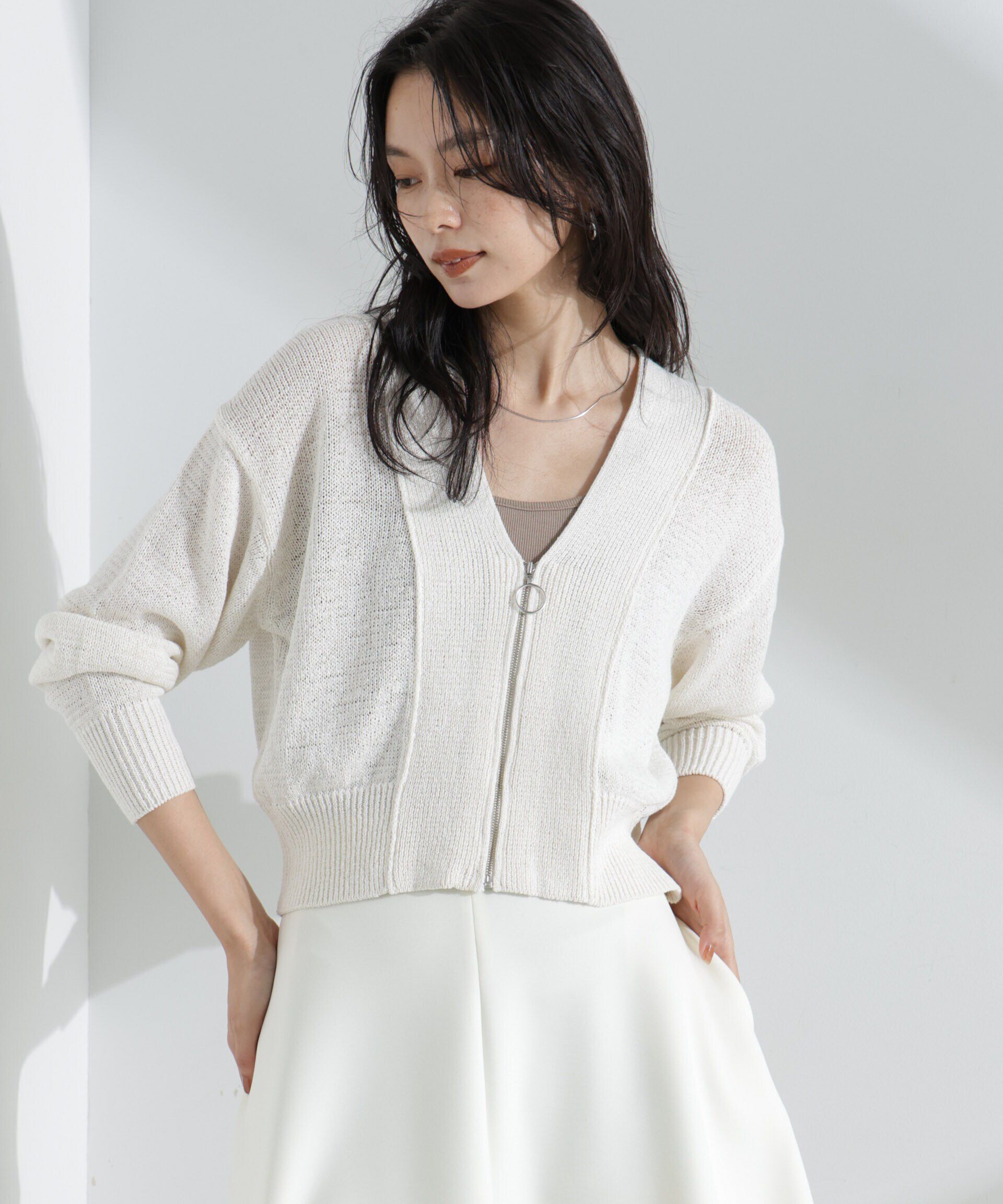nano･universe「リネン混テープヤーンZIPカーディガン」|ニット・セーター|オフホワイト1