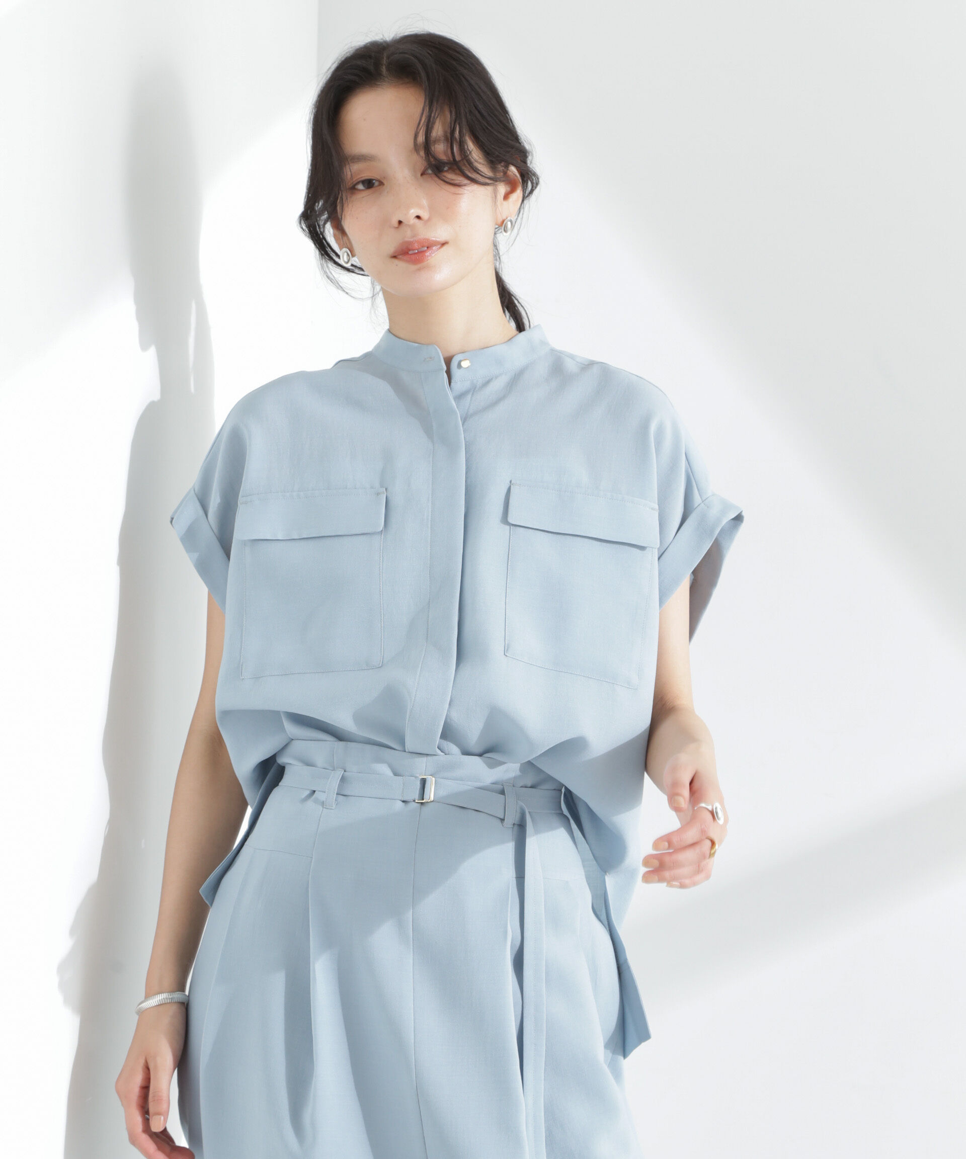 nano･universe「メランジドライ スタンドポケットシャツ(セットアップ可)」|シャツ・ブラウス|