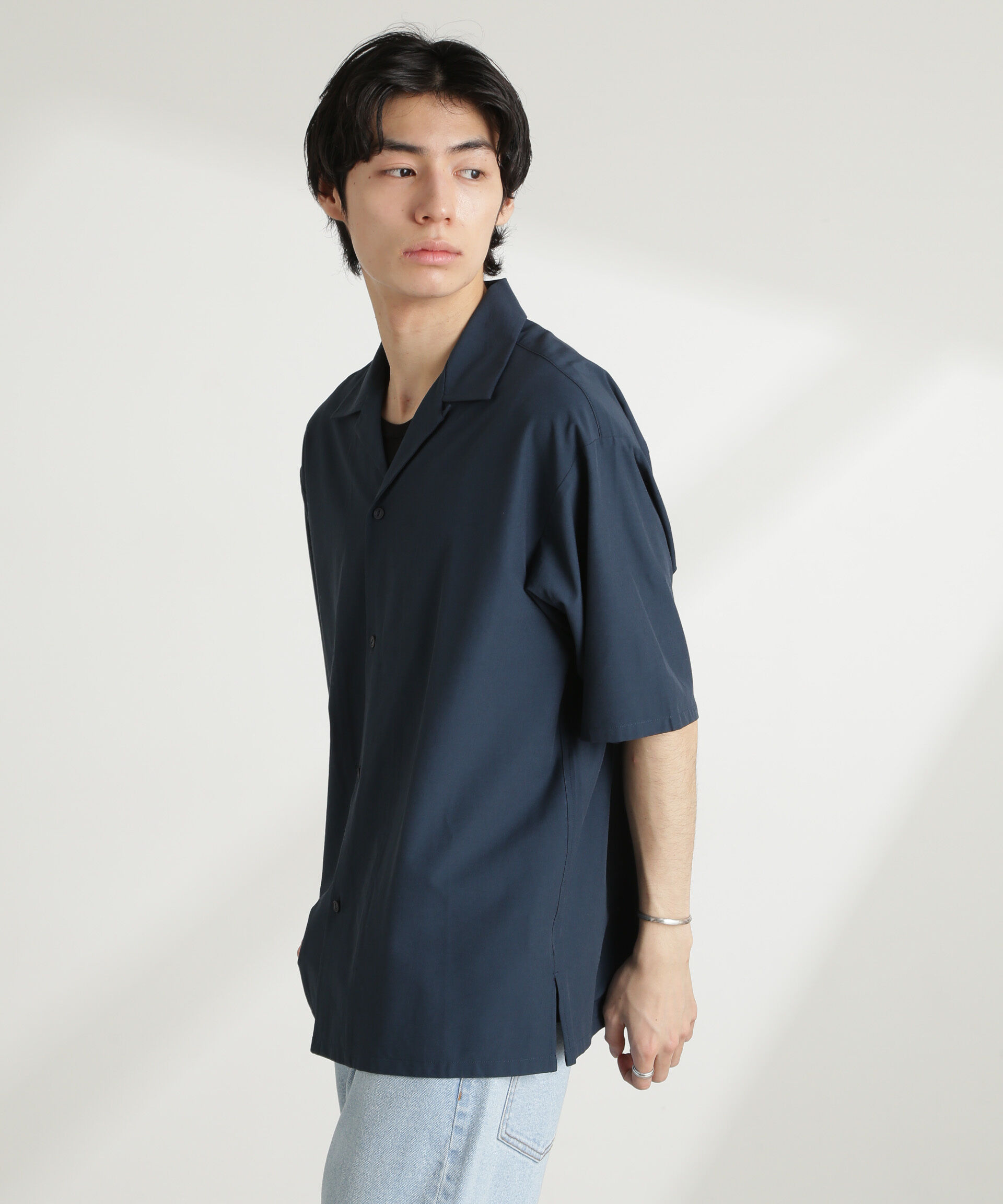 nano･universe「ストレッチワイドオープンカラーシャツ 半袖(セットアップ可)」|シャツ・ブラウス|ブルー