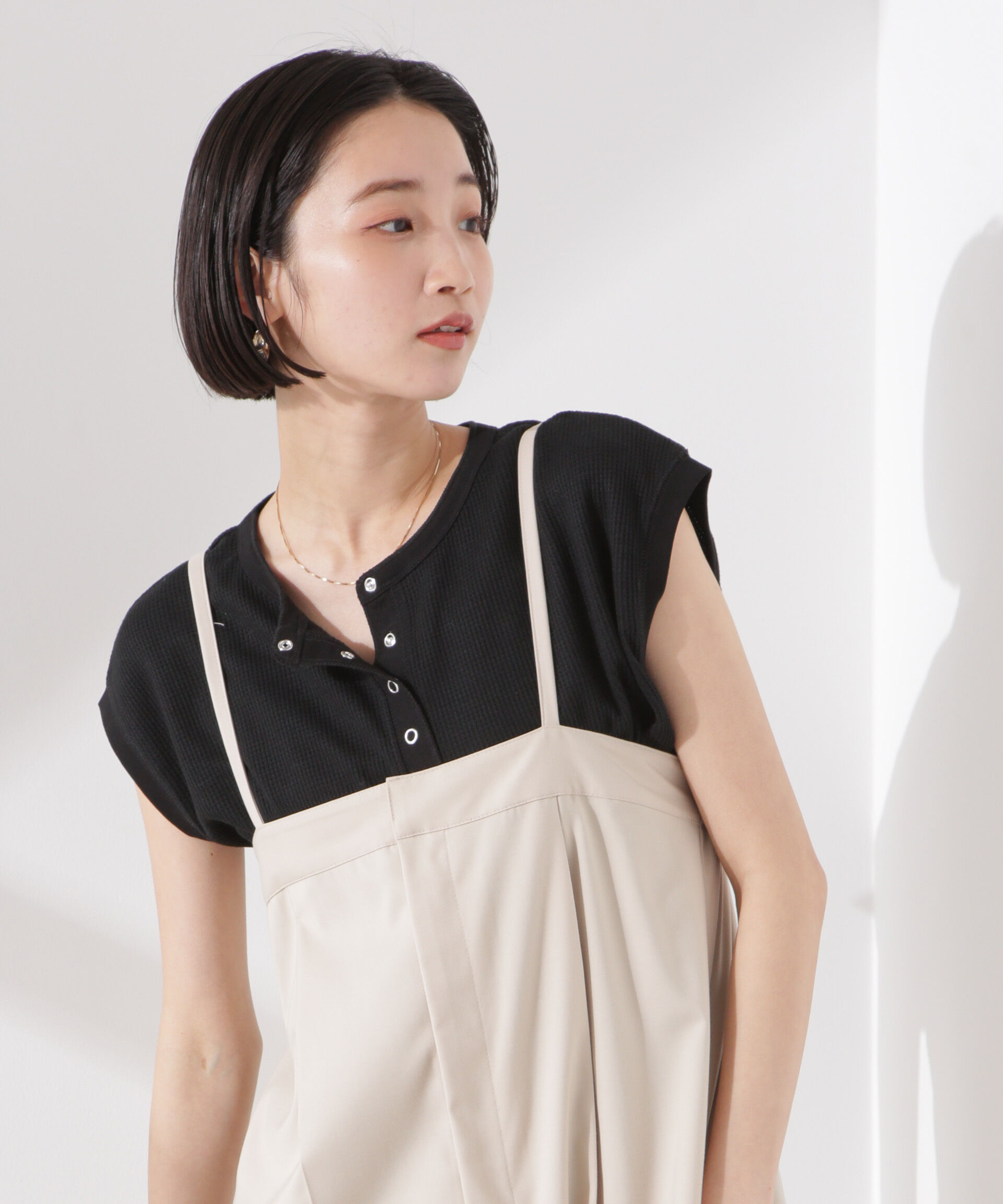 nano･universe「ワッフルヘンリーノースリーブトップス」|Tシャツ・カットソー|ブラック