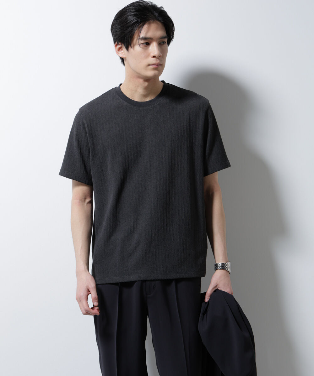 nano･universe「｢Damerino｣ヘリンボンクルーネックTシャツ/防シワ・吸水速乾・UVカット」|Tシャツ・カットソー|チャコール3