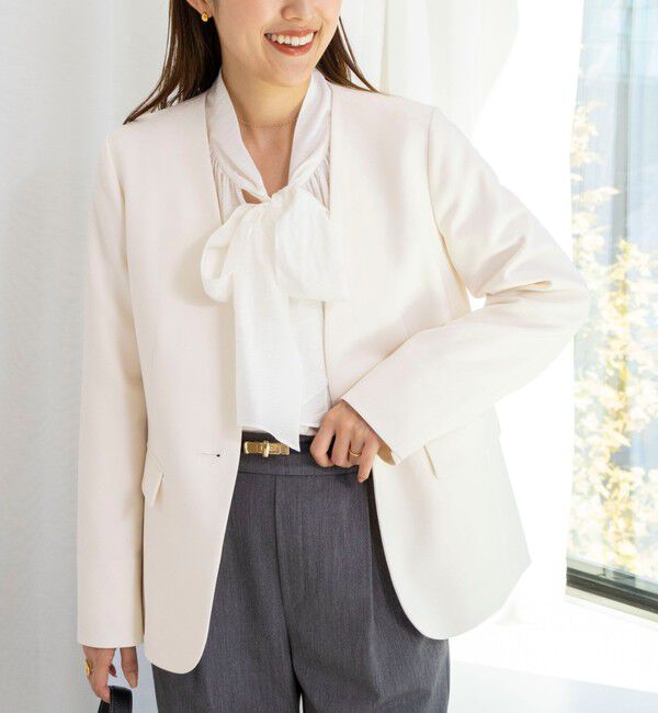 NOLLEY'S「《セットアップ対応》ウォッシャブルサージストレッチVネックジャケット」|ノーカラージャケット|オフホワイト