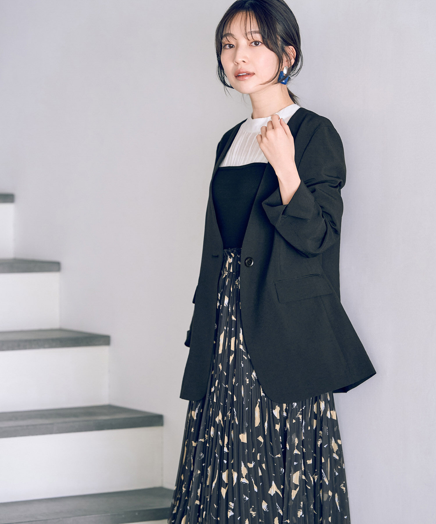 VIS「【洗える・接触冷感】美easyノーカラーVネックジャケット【セットアップ対応】」|ノーカラージャケット|