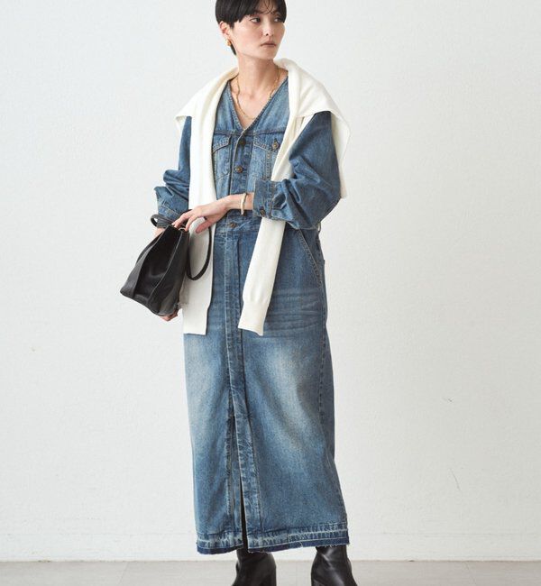  「ノーカラーデニムワンピース」|ワンピース|ブルー