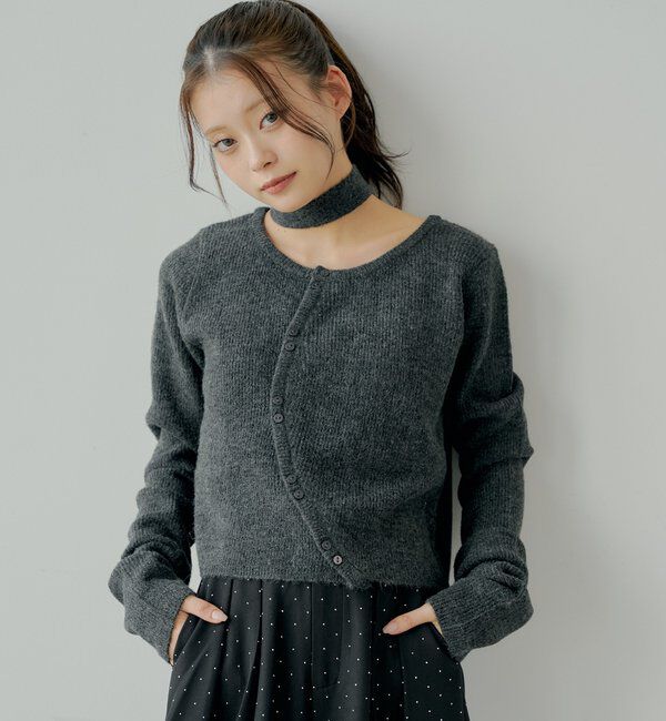  「チョーカー付きラウンドボタンコンパクトカーディガン」|カーディガン|