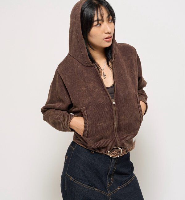  「KOOKYNピグメント加工ジップニットパーカー」|パーカー|ブラウン