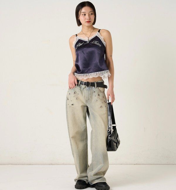  「刺繍ロゴサテンスリップキャミ」|シャツ・ブラウス|