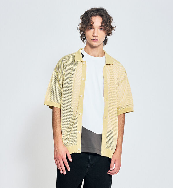 ABAHOUSE「【透かし編み】バイアス メッシュニットポロ  / ニットシャツ【予約】」|カーディガン|