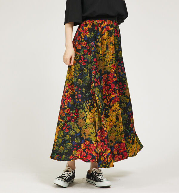 abahouse mavie「フラワープリント＆ベロアロングスカート」|スカート|ブラック系その他1