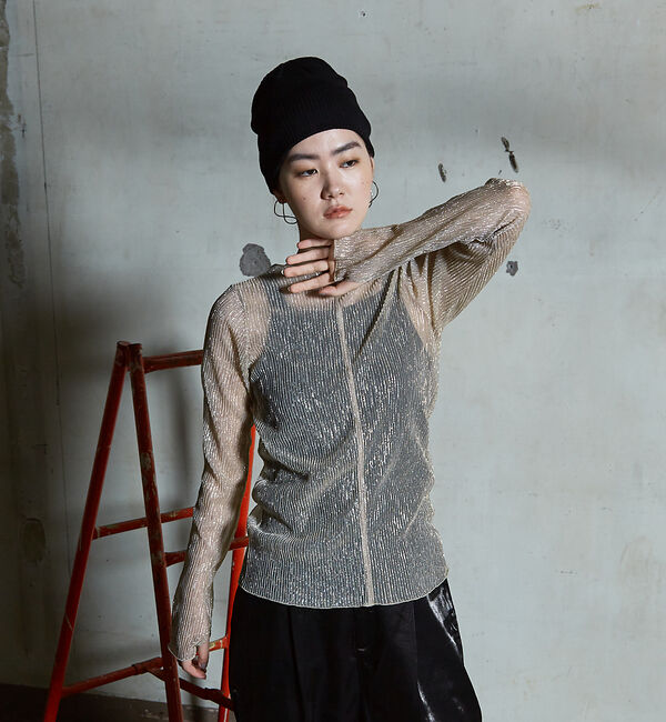 NOMINE「ラメ シアー プリーツ トップス （ロンＴ)」|Tシャツ・カットソー|