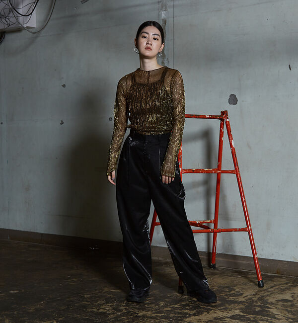 NOMINE「ラメ シアー プリーツ トップス （ロンＴ)」|Tシャツ・カットソー|