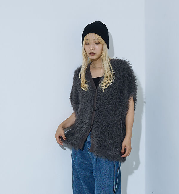 NOMINE「ロング フェザー ニットベスト カーディガン」|ベスト・ジレ|