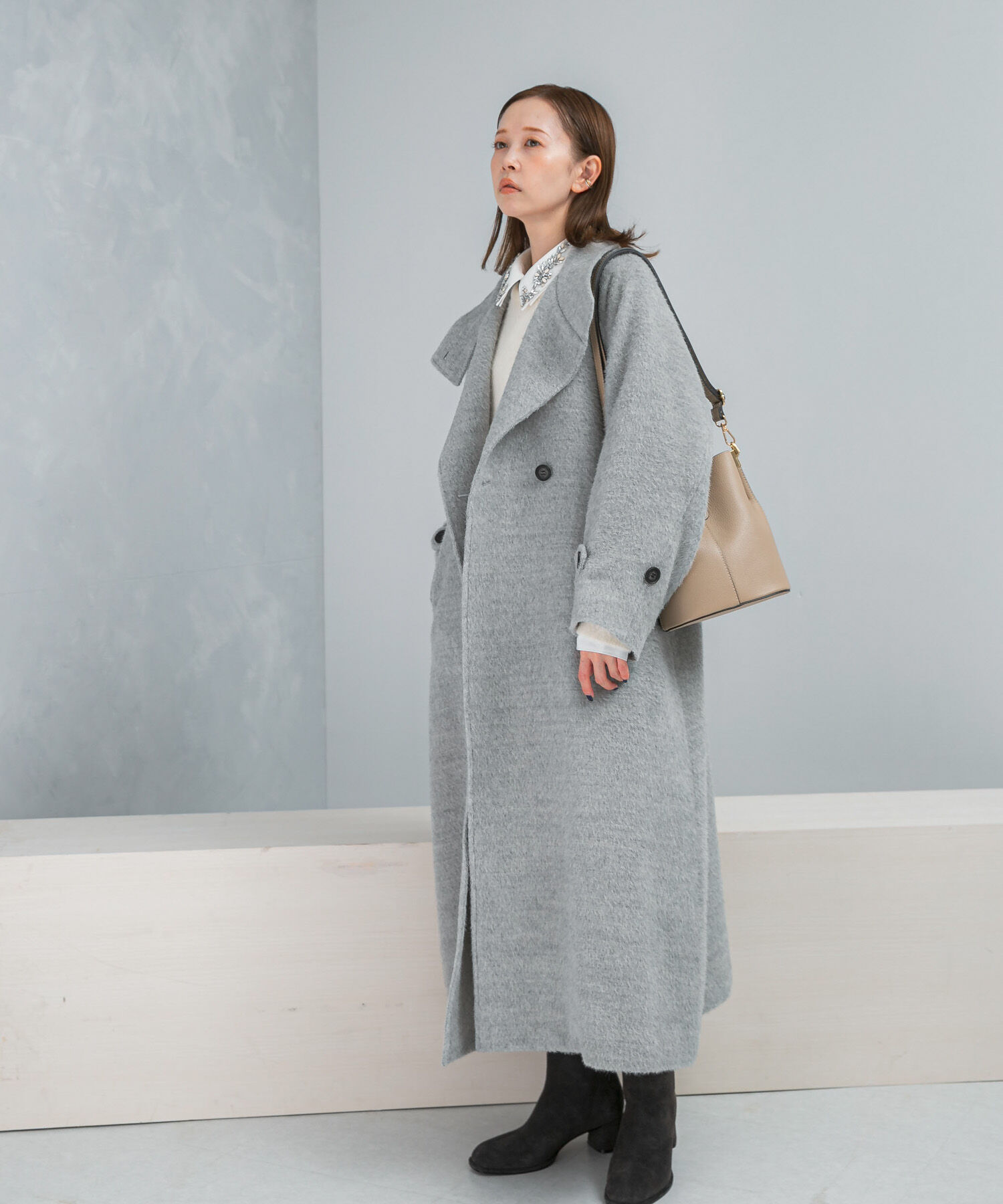 URBAN RESEARCH ROSSO「アルパカ混シャギースタンドコート」|ノーカラーコート|