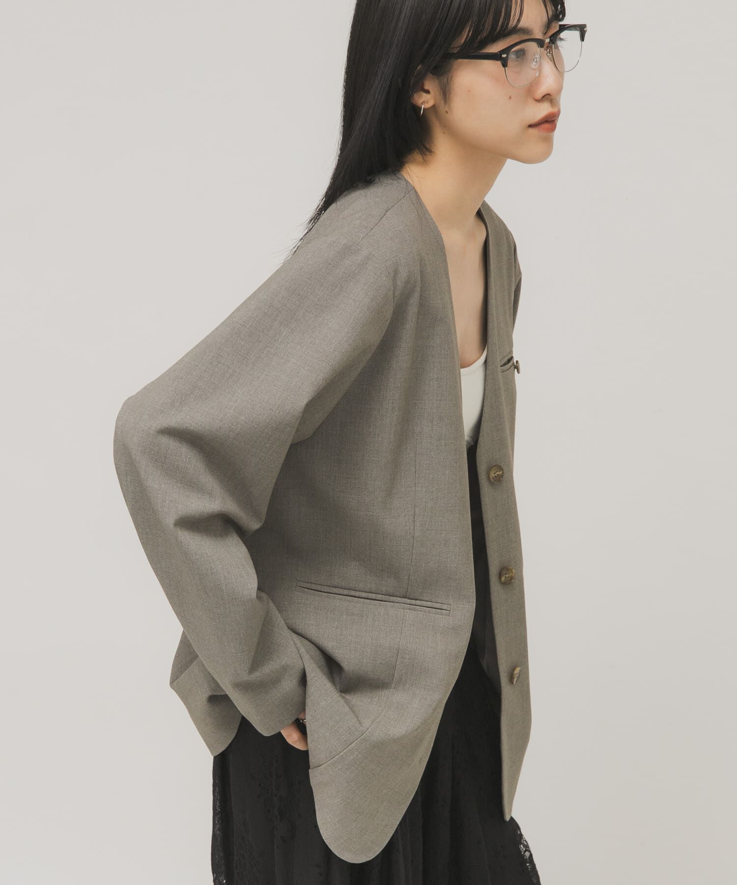  「ノーカラーデザインジャケット」|ノーカラージャケット|