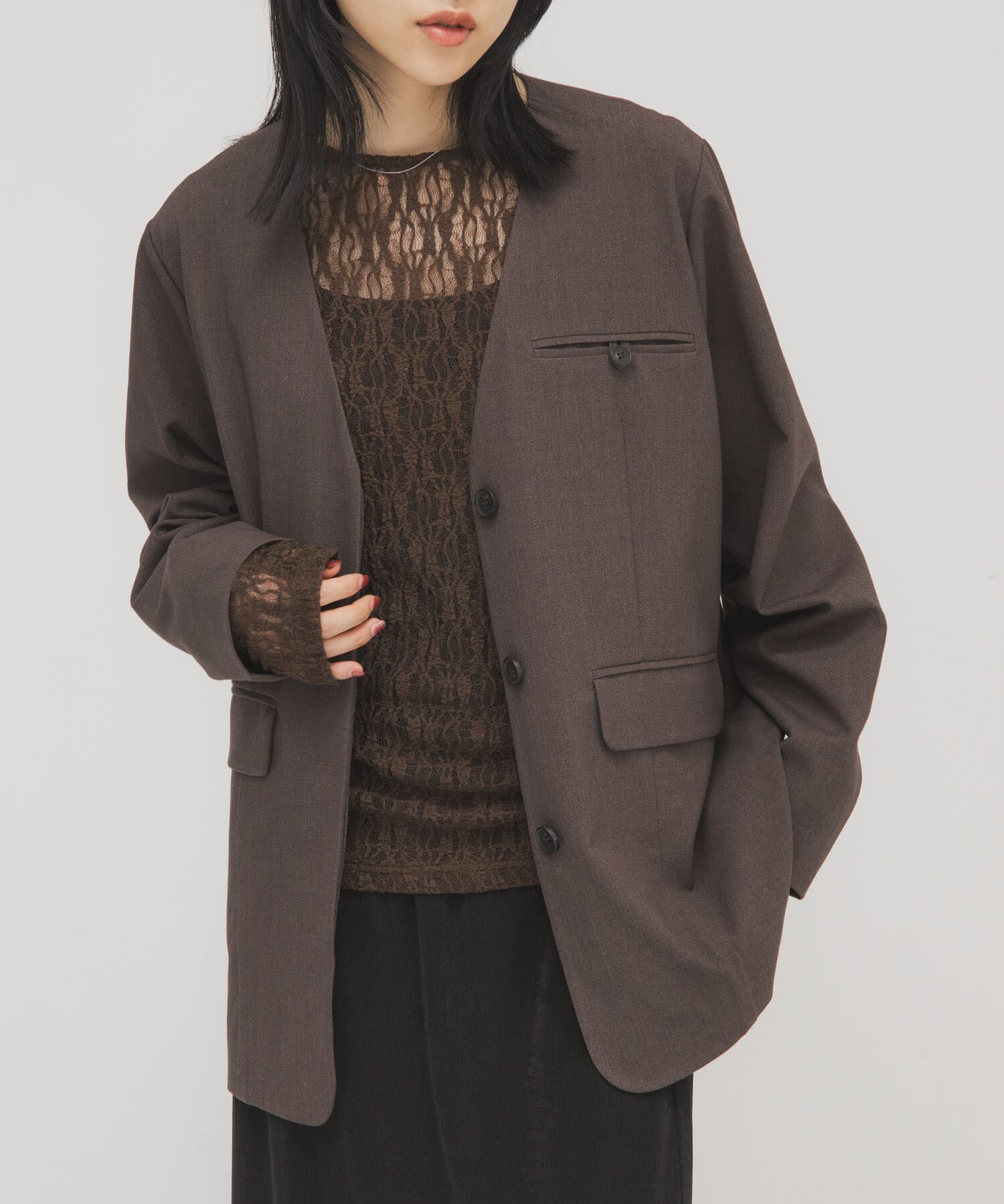  「ノーカラーデザインジャケット」|ノーカラージャケット|ブラウン系その他