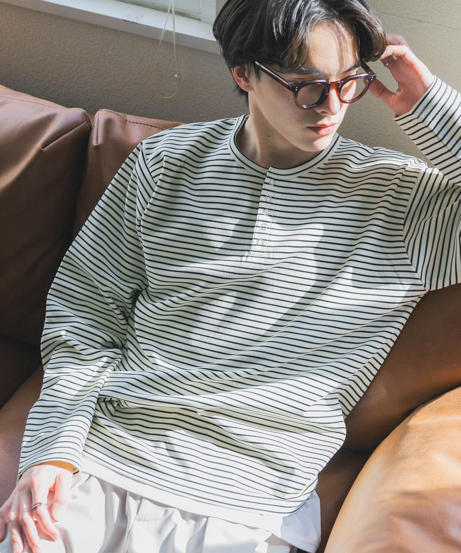 SENSE OF PLACE by URBAN RESEARCH「ボーダーヘンリーネックロングTシャツ」|Tシャツ・カットソー|