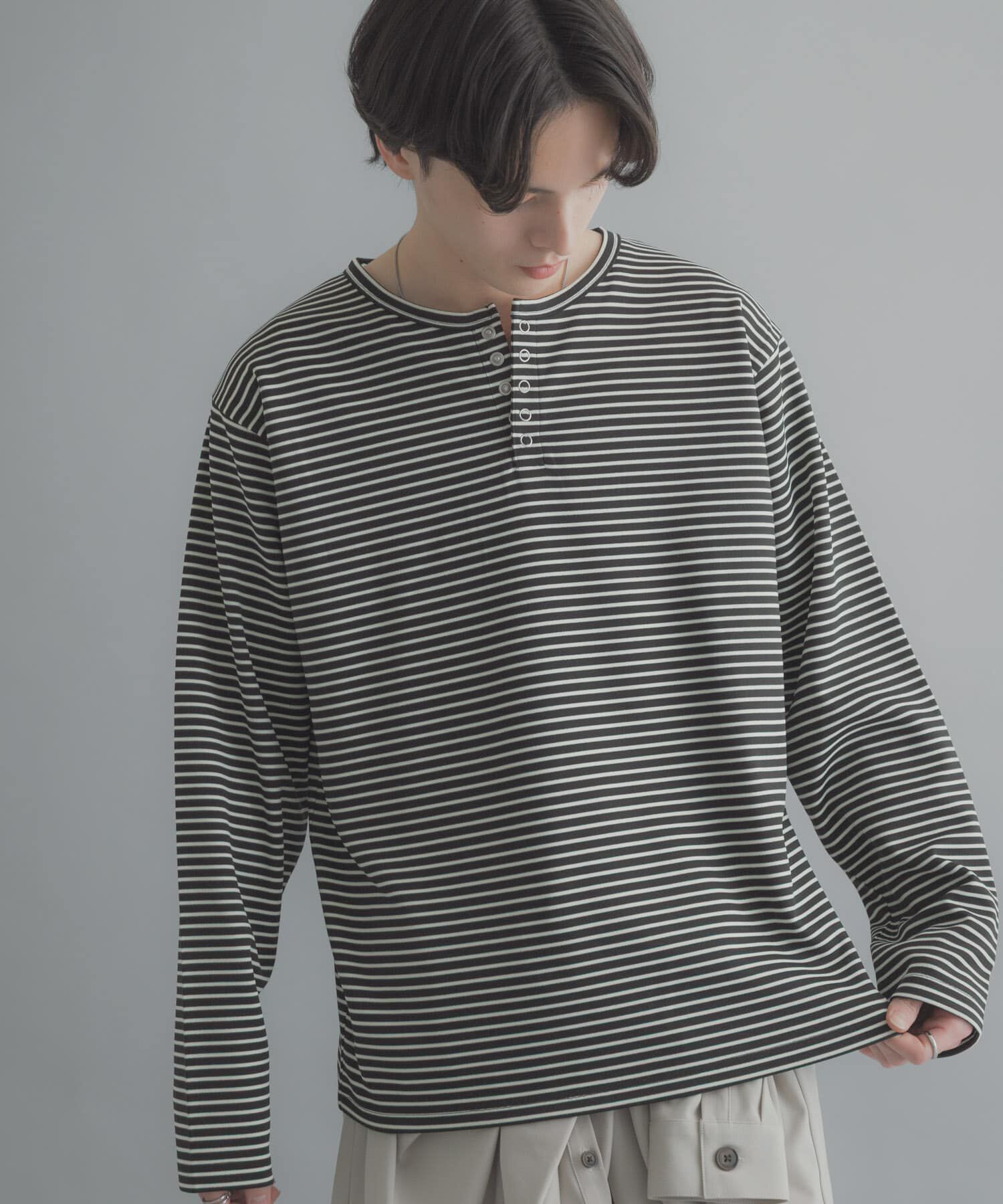 SENSE OF PLACE by URBAN RESEARCH「ボーダーヘンリーネックロングTシャツ」|Tシャツ・カットソー|