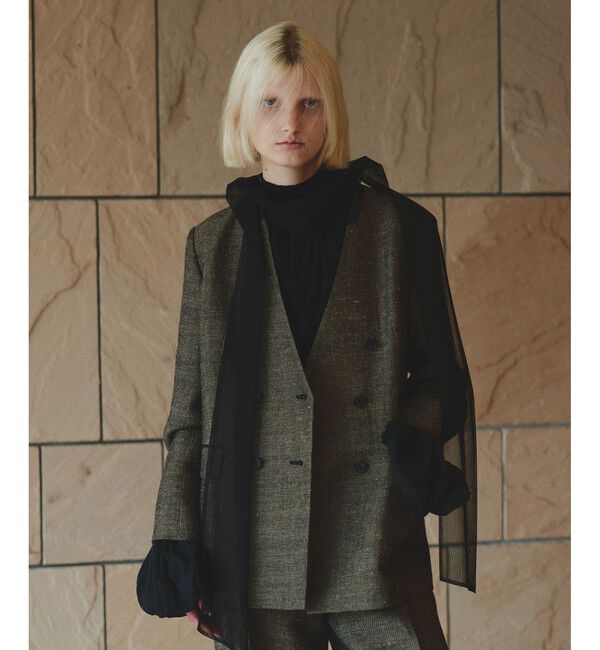 allureville「リネンウールダブルブレストジャケット」|ノーカラージャケット|ブラウン