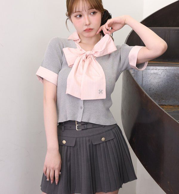  「【リボン取り外し可能】リボンシャツドッキングニット」|ニット・セーター|