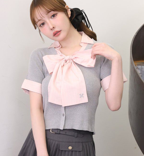 「【リボン取り外し可能】リボンシャツドッキングニット」|ニット・セーター|