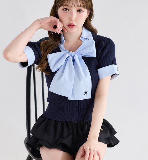  「【リボン取り外し可能】リボンシャツドッキングニット」|ニット・セーター|