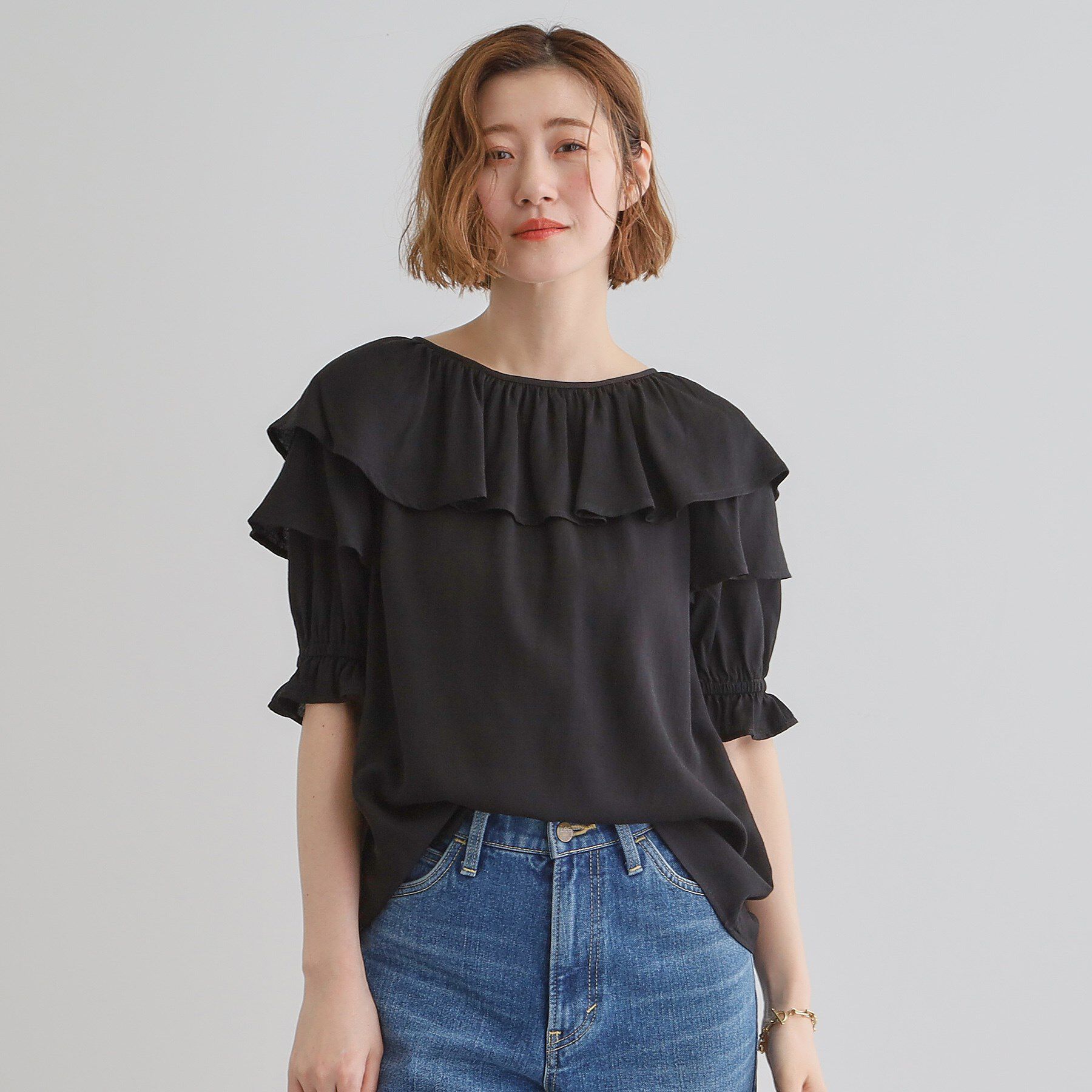 grove「麻調ダブルフリルブラウス」|シャツ・ブラウス|ブラック(019)