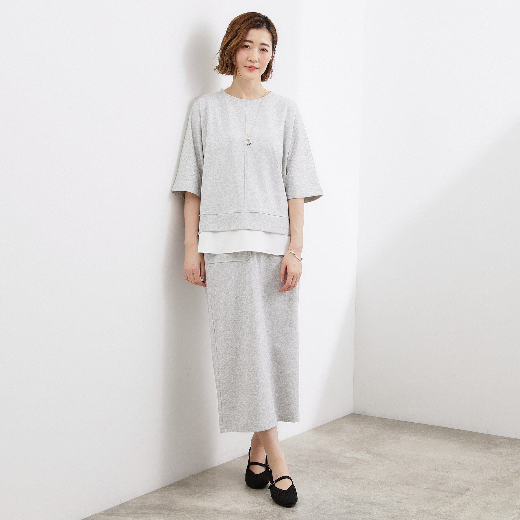 grove「【時短コーデ】シルキーポンチレイヤード風セットアップ」|スーツ|杢グレー(012)