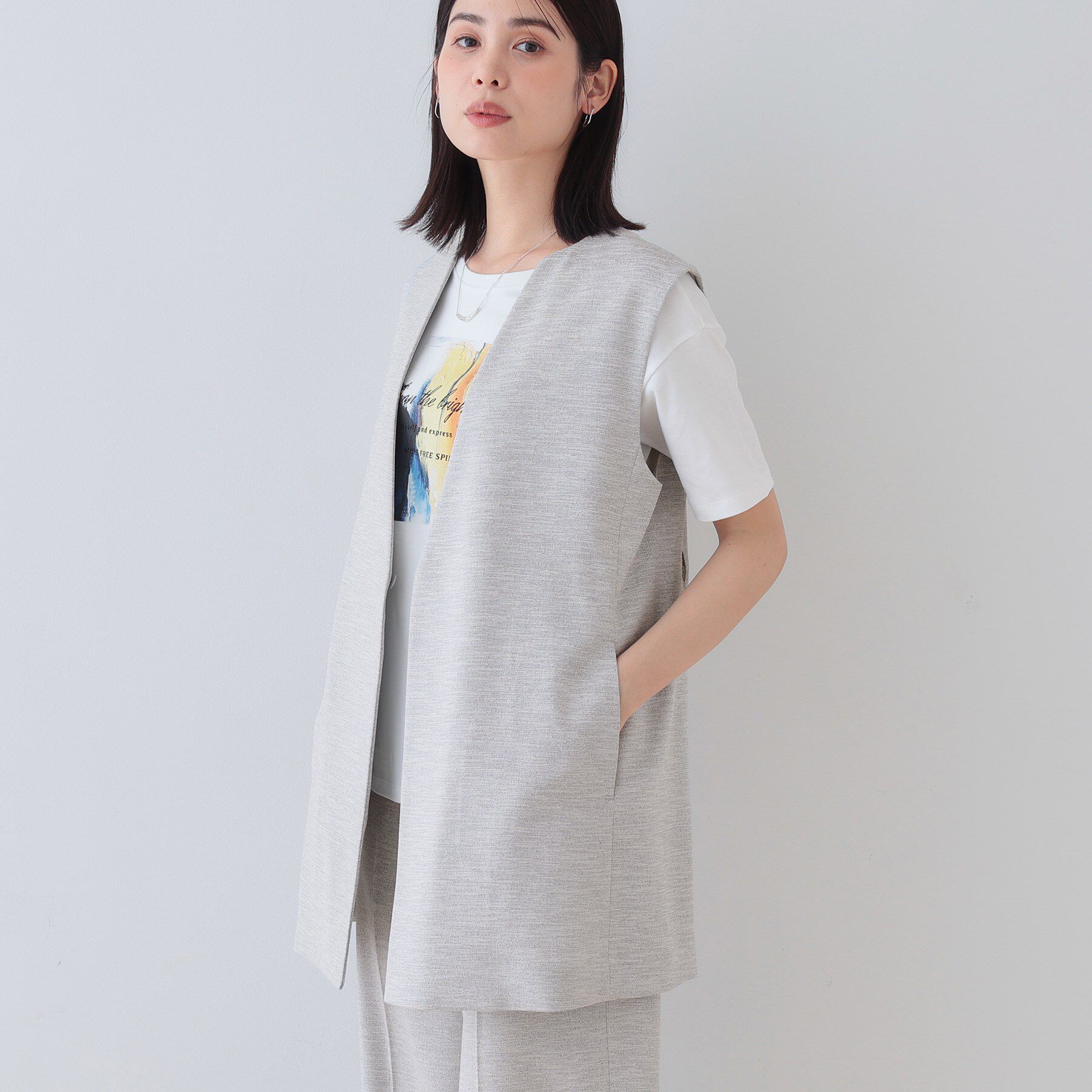 INDIVI「【こなれSETUP】リネンライクジレジャケット」|ベスト・ジレ|ライトグレー(411