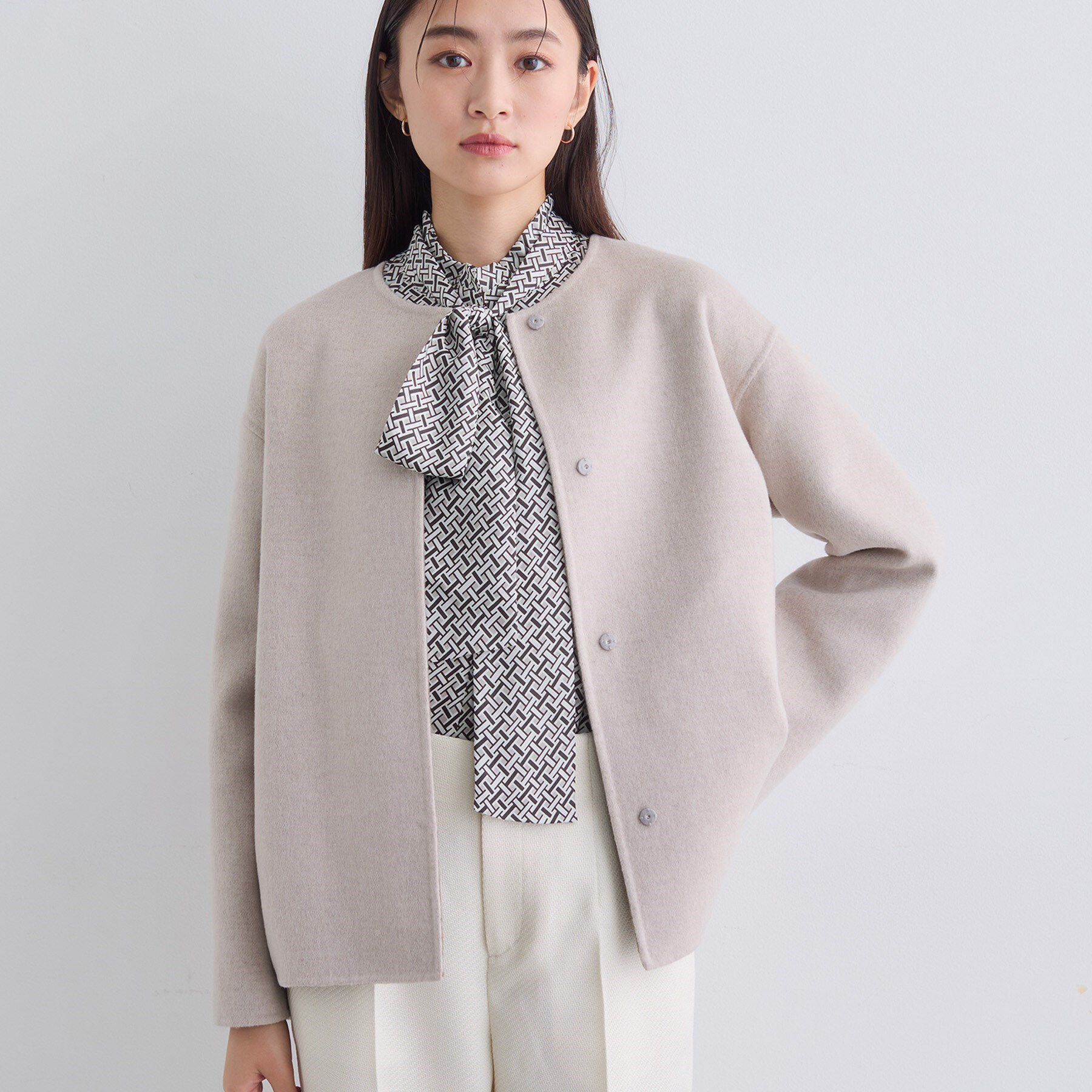 INDIVI「【配色デザイン／ショート丈】ウールリバー ノーカラーコート」|ノーカラーコート|