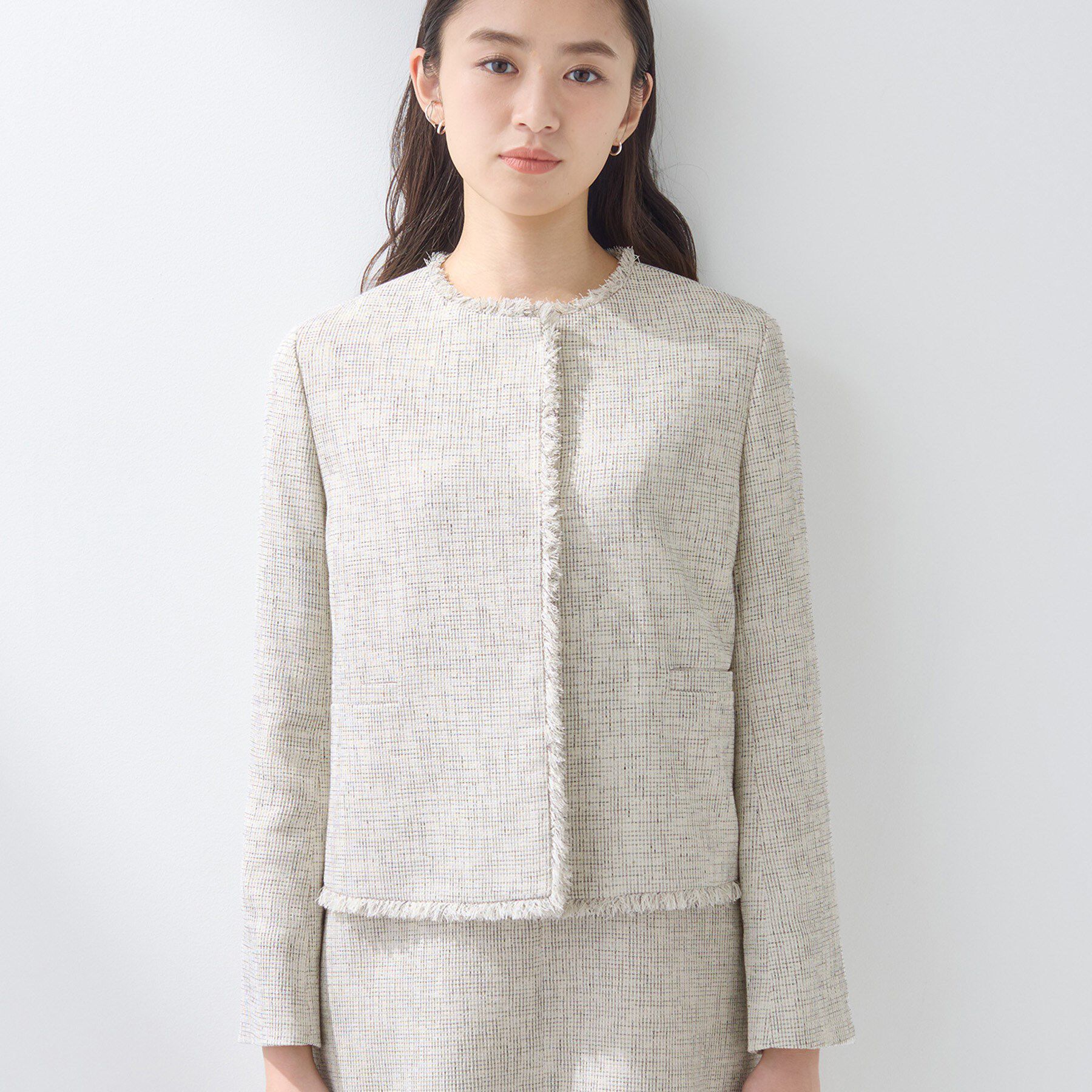 INDIVI「【軽量／SETUP可能】ストレッチツイードジャケット」|ノーカラージャケット|