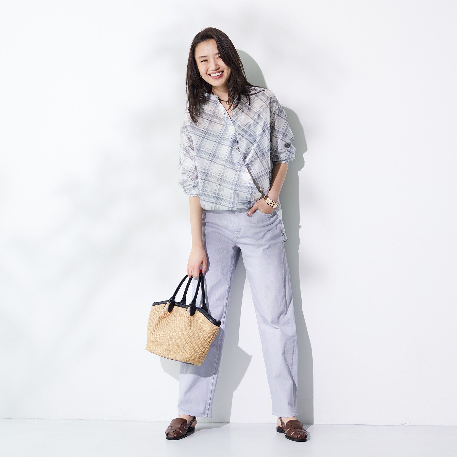 INDIVI「【2WAY／シアー】バイアスチェック柄＆無地 カシュクールシャツ」|シャツ・ブラウス|