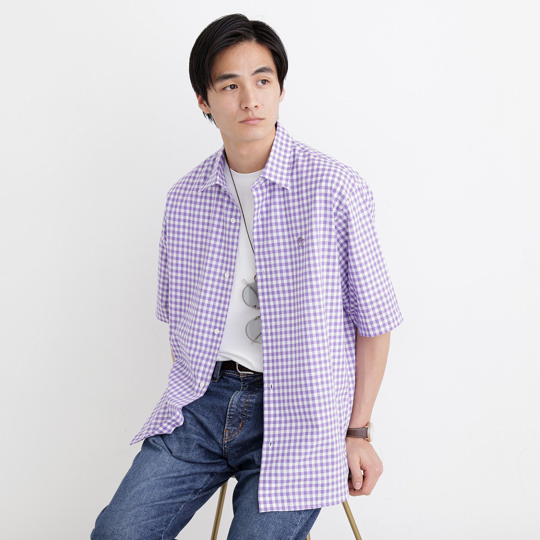 TAKEO KIKUCHI「【LIMITED】ワンポイント刺繍 綿麻チェック 半袖シャツ」|シャツ・ブラウス|