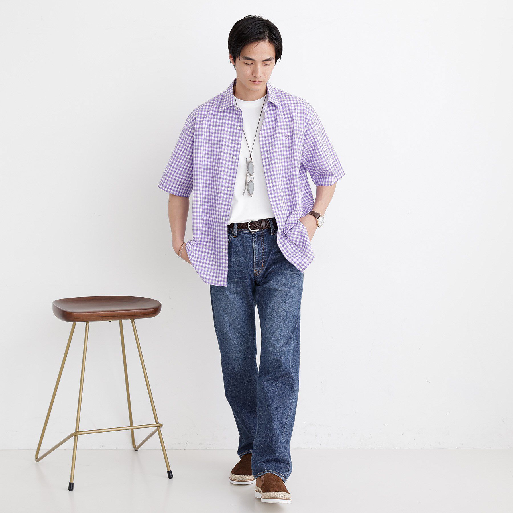 TAKEO KIKUCHI「【LIMITED】ワンポイント刺繍 綿麻チェック 半袖シャツ」|シャツ・ブラウス|