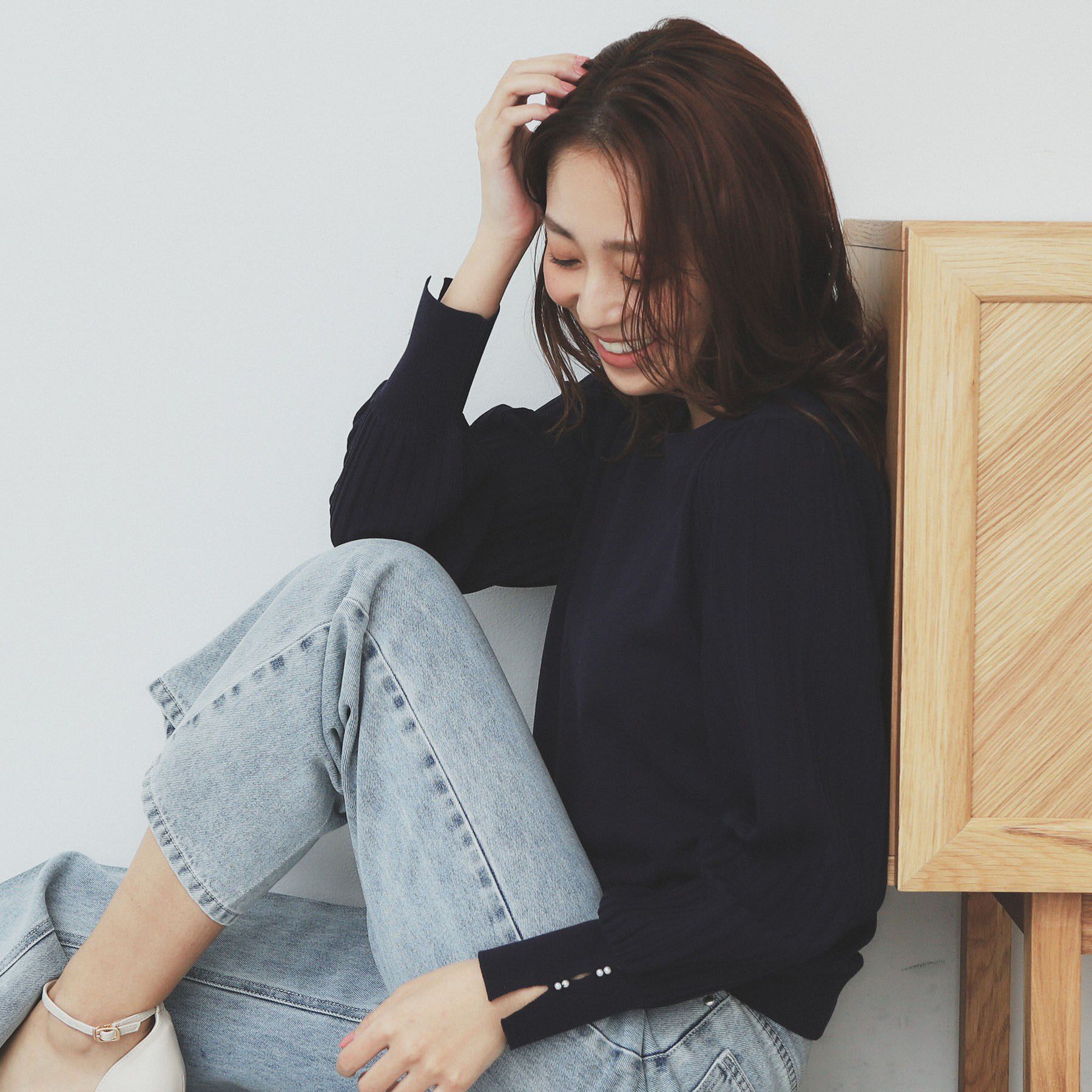 index「プリーツスリーブボートネックニット【洗濯機洗い可】」|ニット・セーター|ネイビー(894)