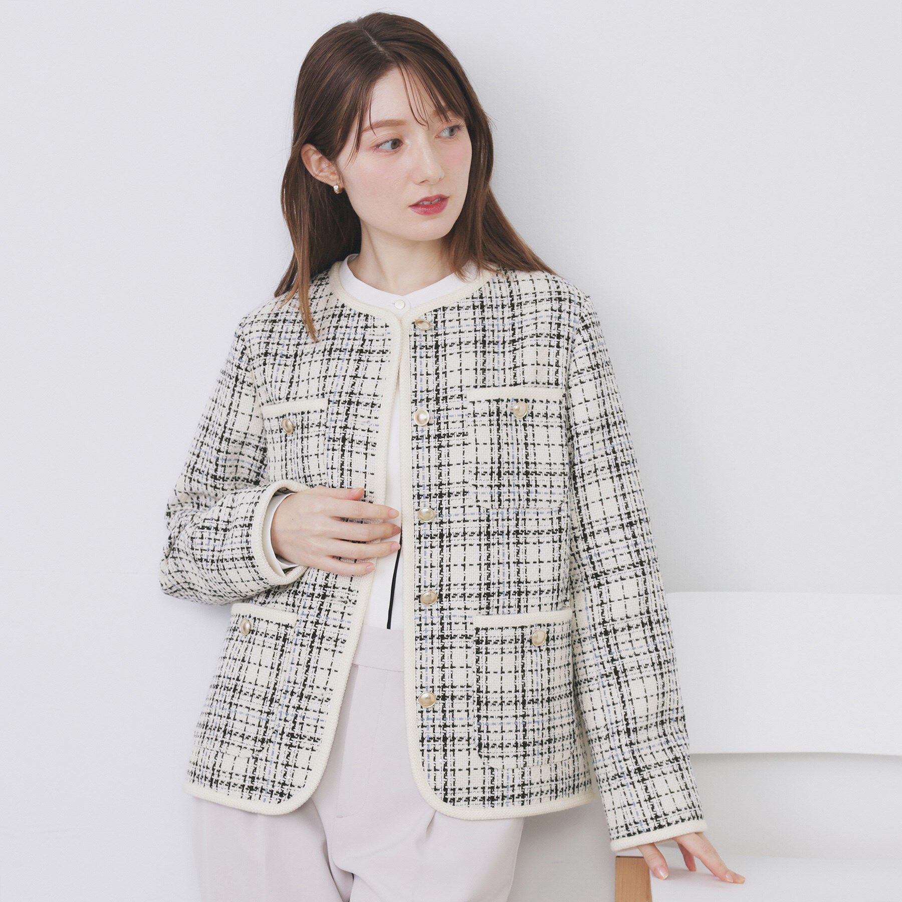 index「チェックツイードジャケットコート/セットアップ対応【洗える】」|ノーカラージャケット|