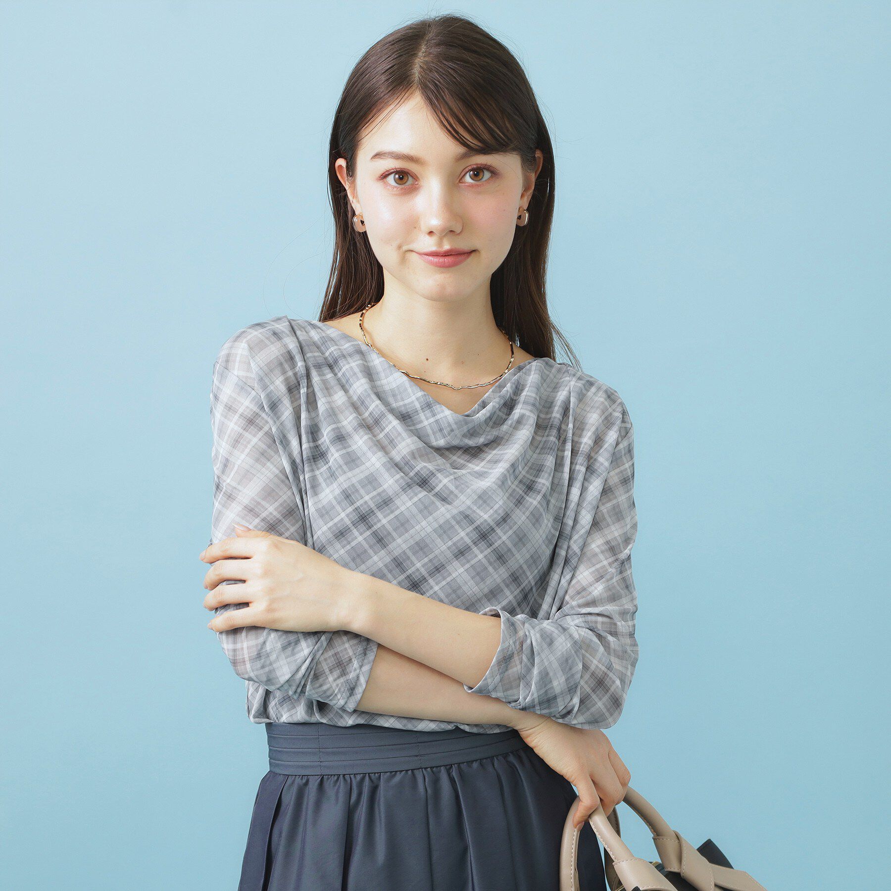 index「シアーチェックドレープネックトップス【洗濯機OK】」|Tシャツ・カットソー|グレー(212)