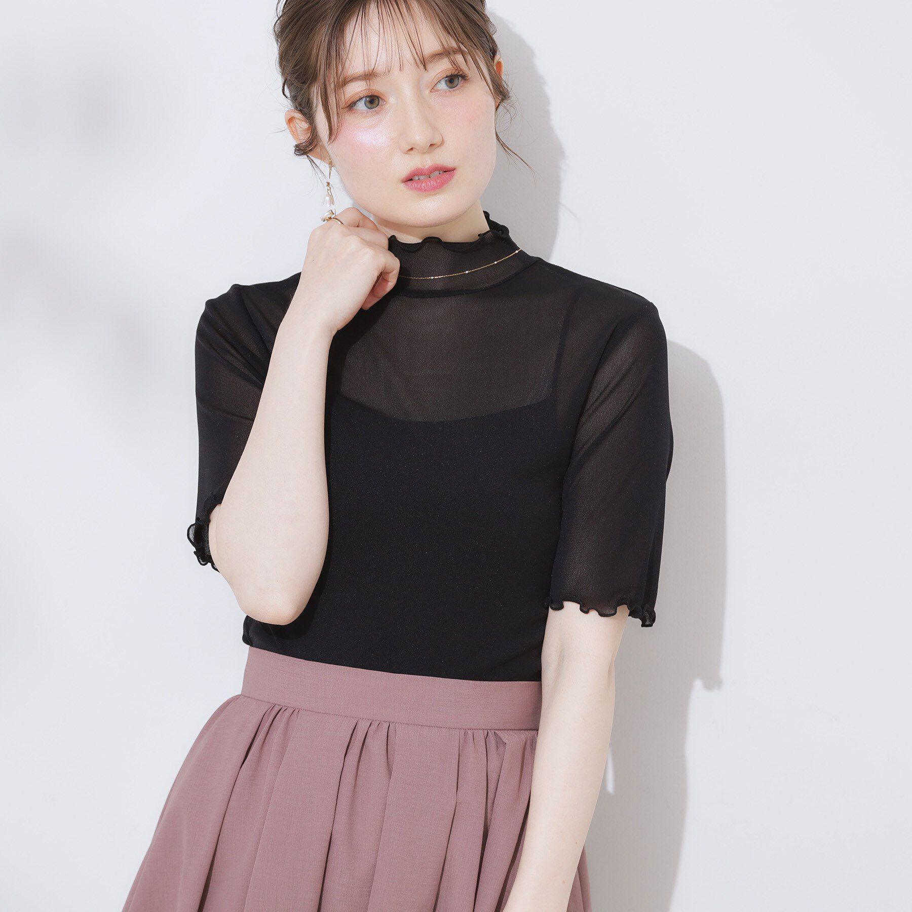 Couture broach「シアーチュール5分袖トップス」|Tシャツ・カットソー|ブラック(019)