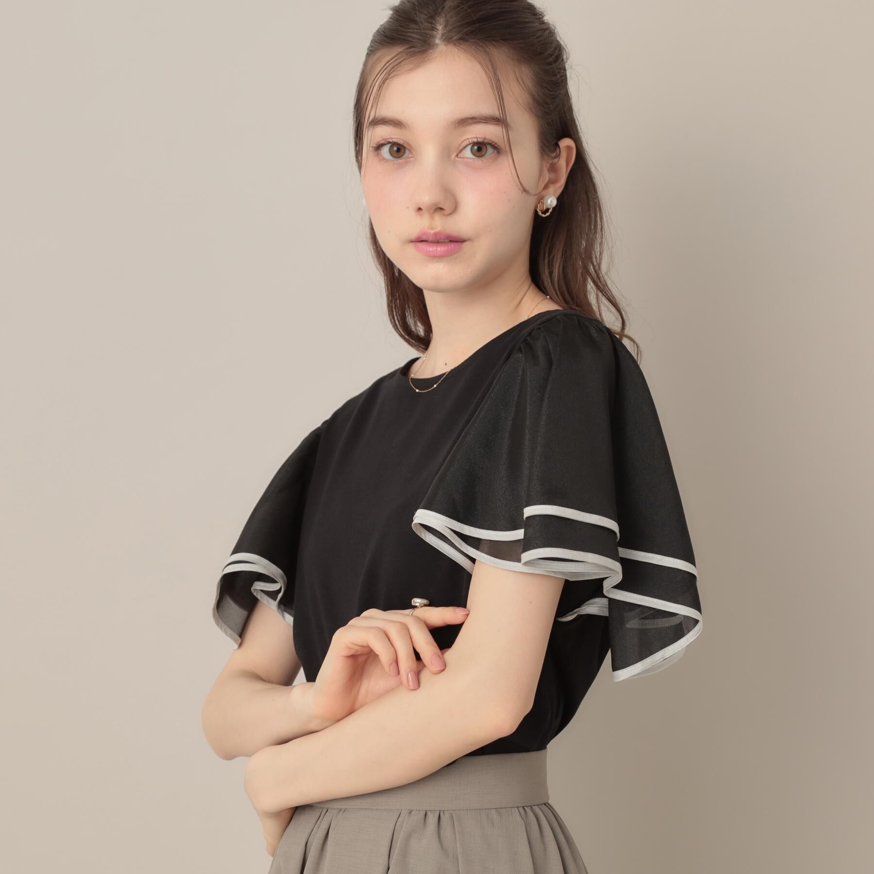 Couture broach「【マシンウォッシャブル・UVケア・接触冷感・二の腕カバー】配色フレアドッキングカットソー」|Tシャツ・カットソー|