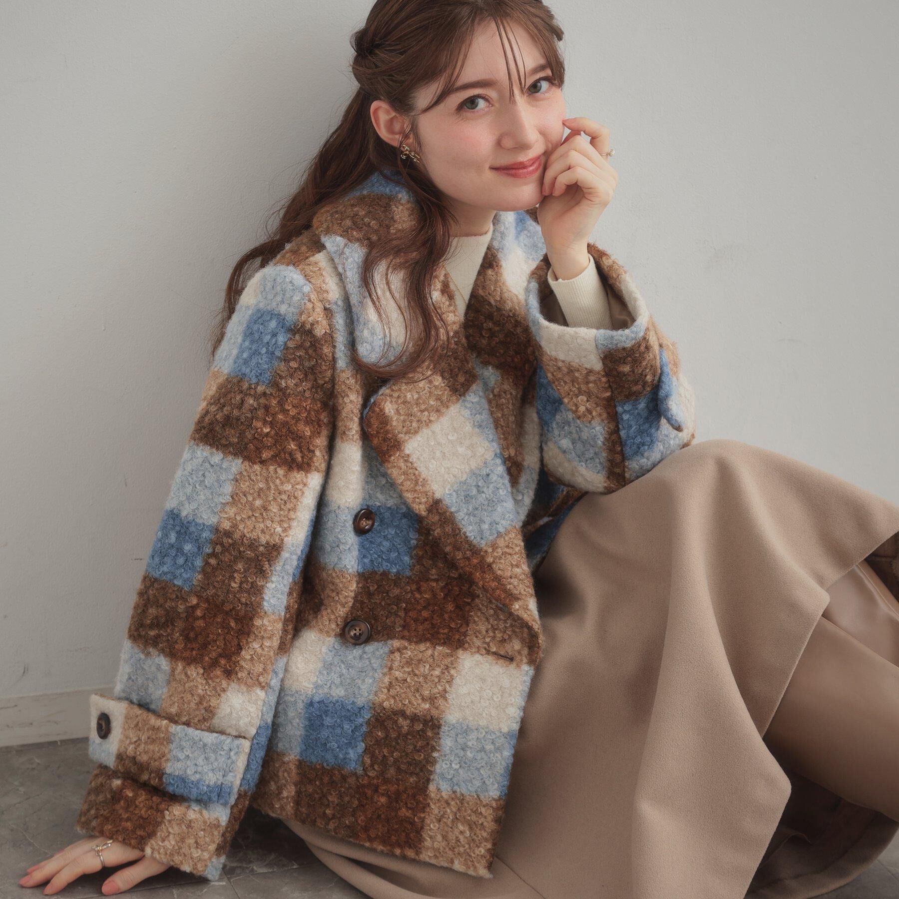 Couture broach「【S-LL/無地・チェック柄】プードルボア ショートコート」|ピーコート|ブルー(291)