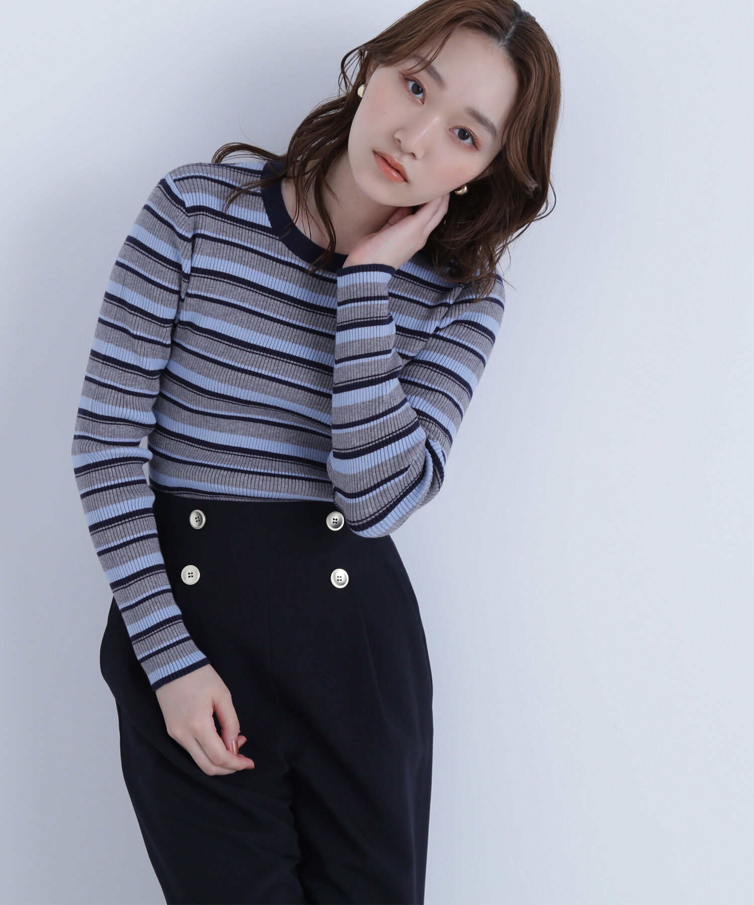  「マルチボーダーリブニット」|ニット・セーター|グレーベース2