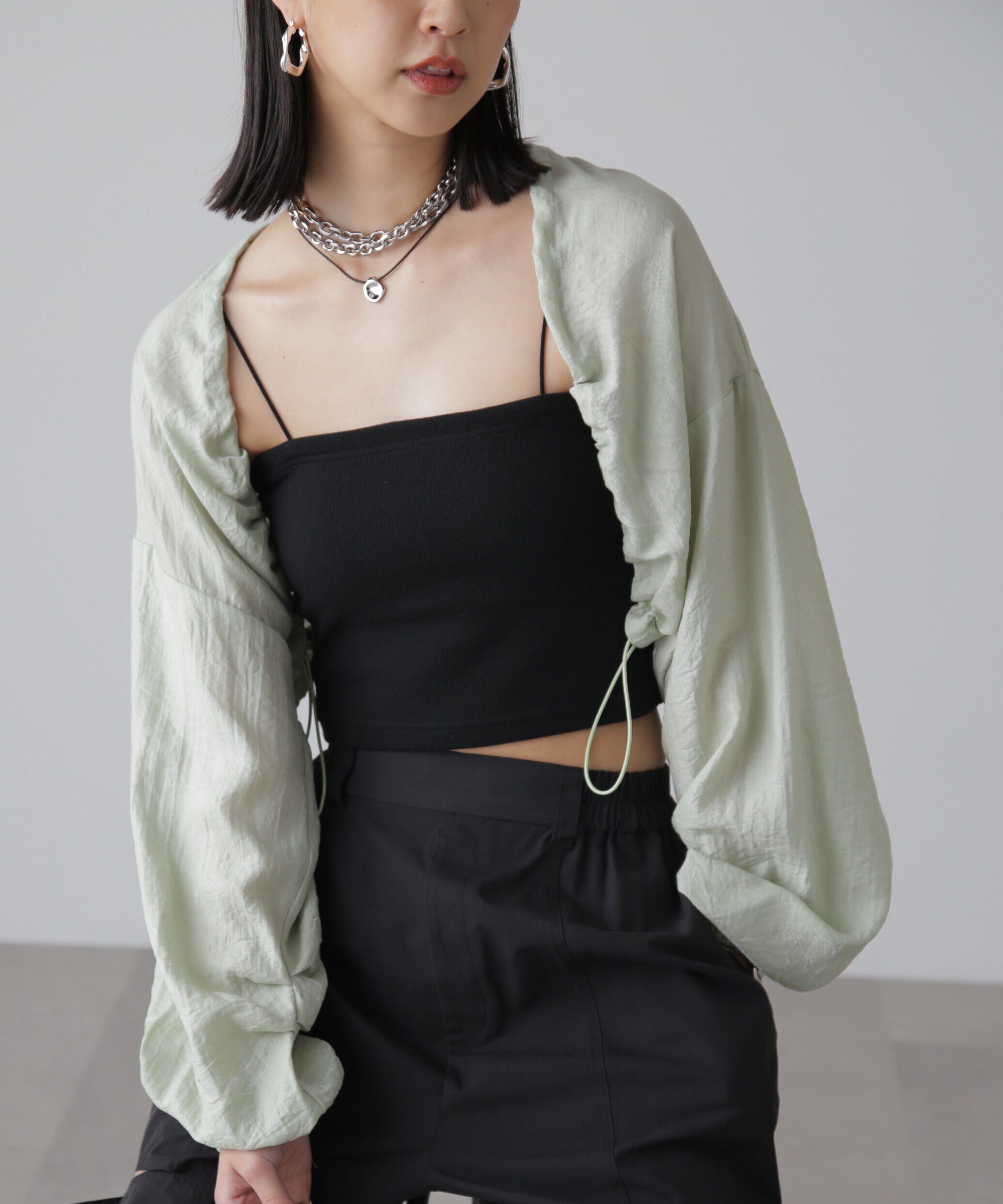  「ドロストショート丈ボレロ」|シャツ・ブラウス|ライトグリー