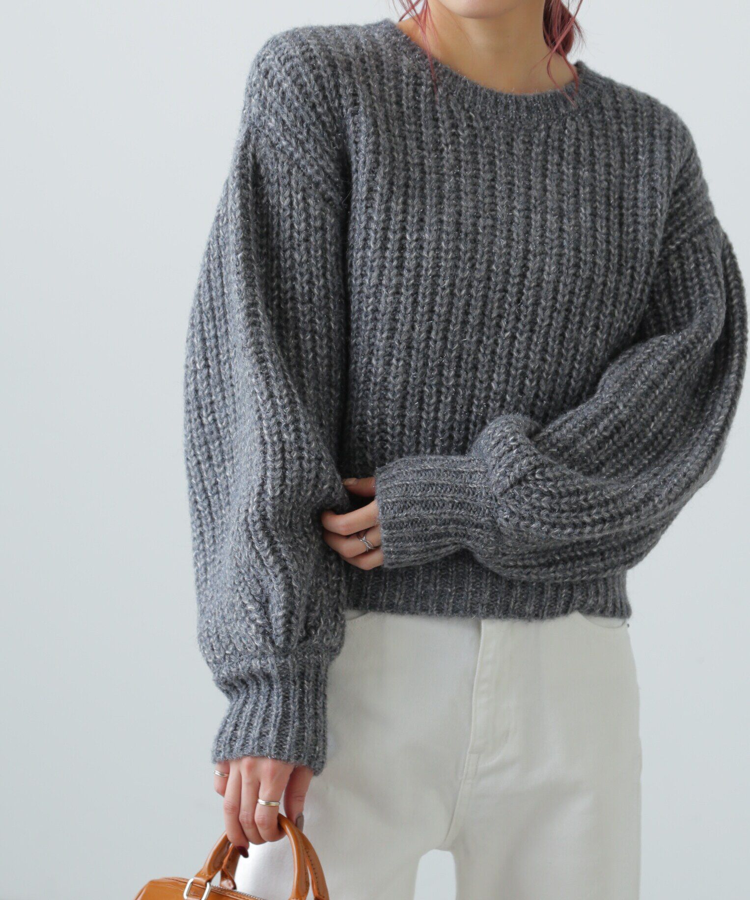  「袖ボリューム畦ラメニット」|ニット・セーター|グレー