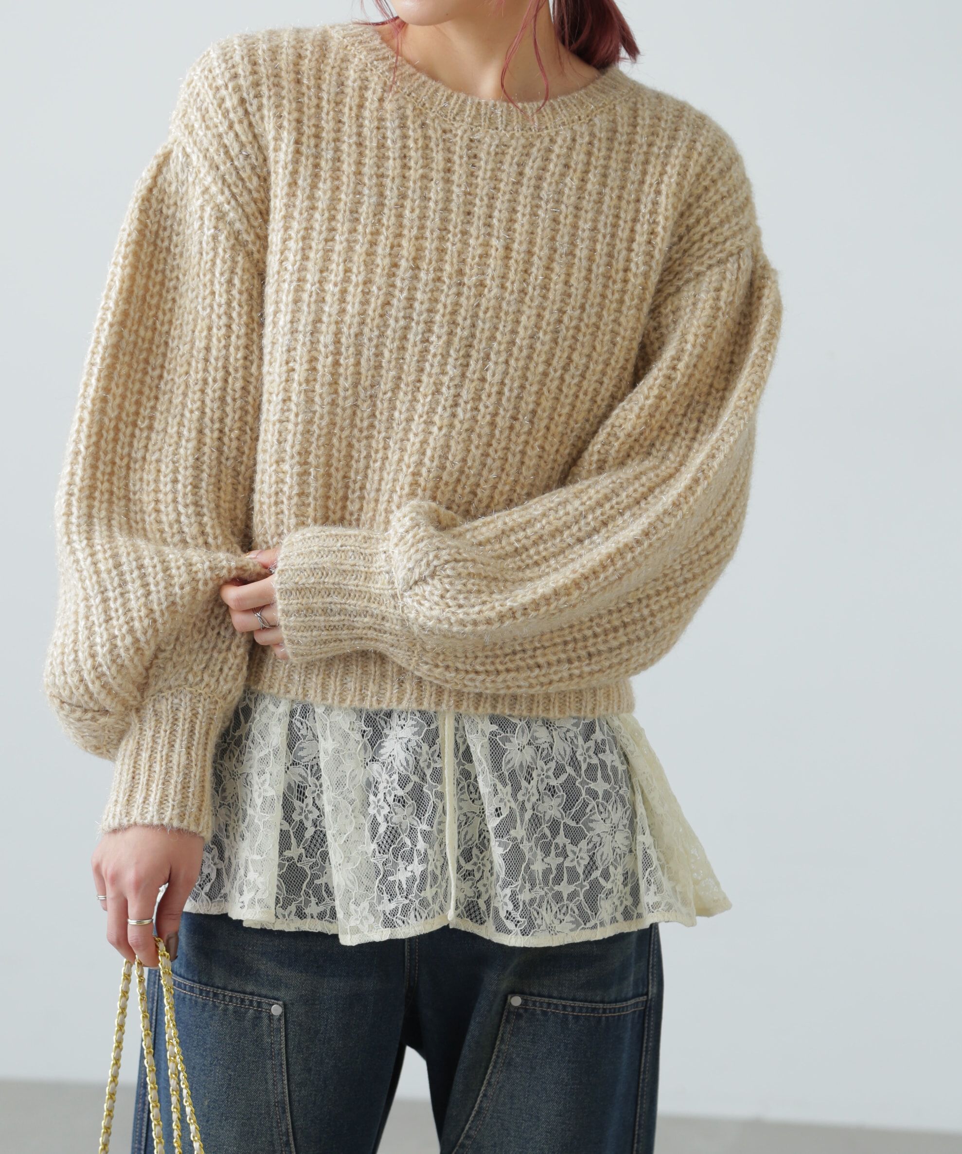  「袖ボリューム畦ラメニット」|ニット・セーター|