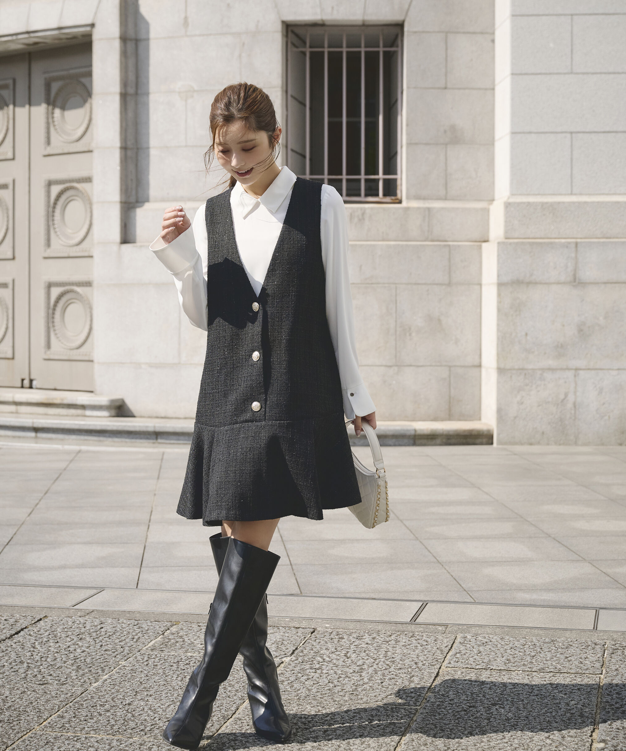 PROPORTION BODY DRESSING「ラメ釦ツイードミニジャンスカ 25AW」|ワンピース|ブラック