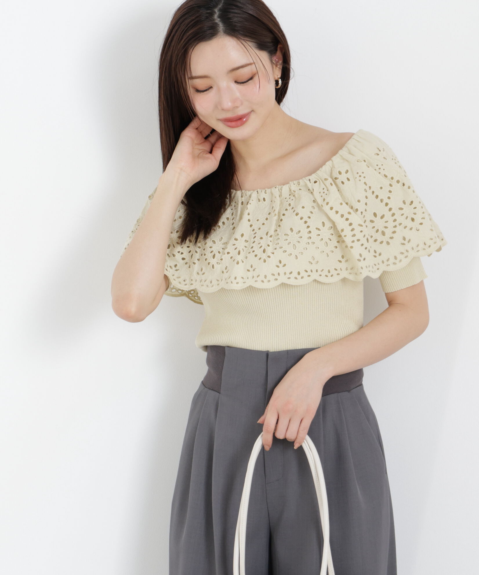 PROPORTION BODY DRESSING「スカラップレースオフショルニット　26SS」|ニット・セーター|イエロー