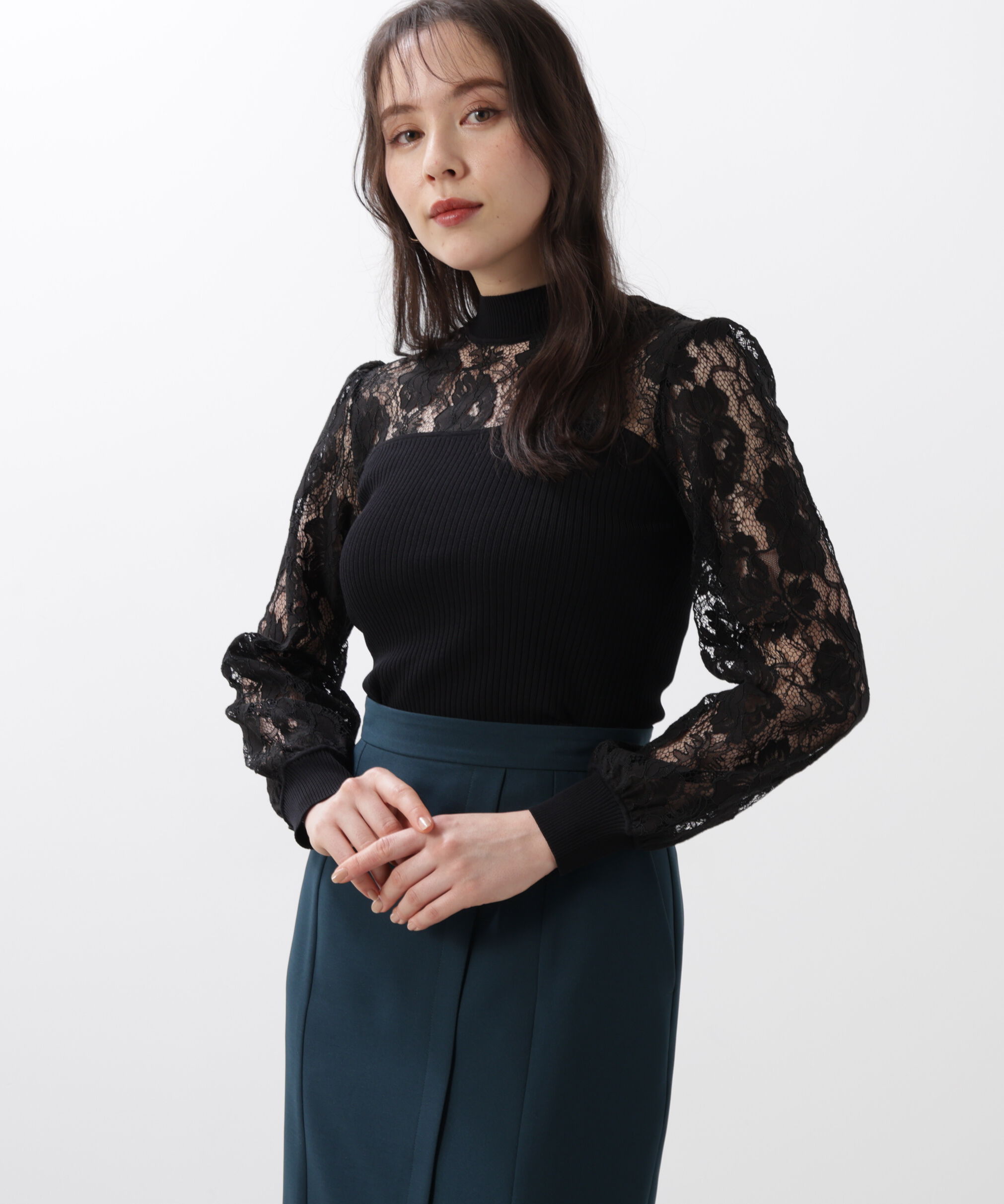  「◆レースコンビモックネックニットプルオーバー」|ニット・セーター|