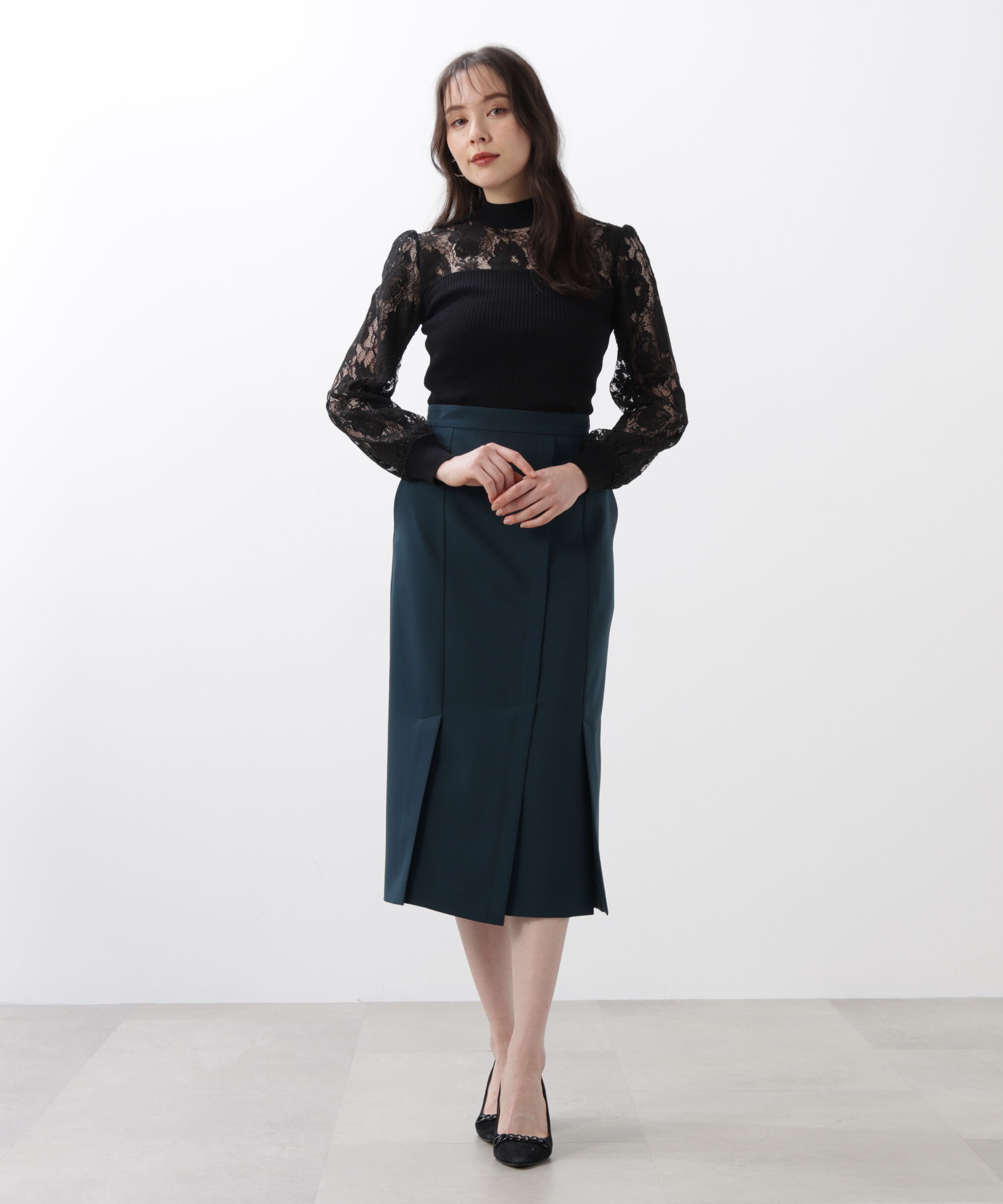  「◆レースコンビモックネックニットプルオーバー」|ニット・セーター|